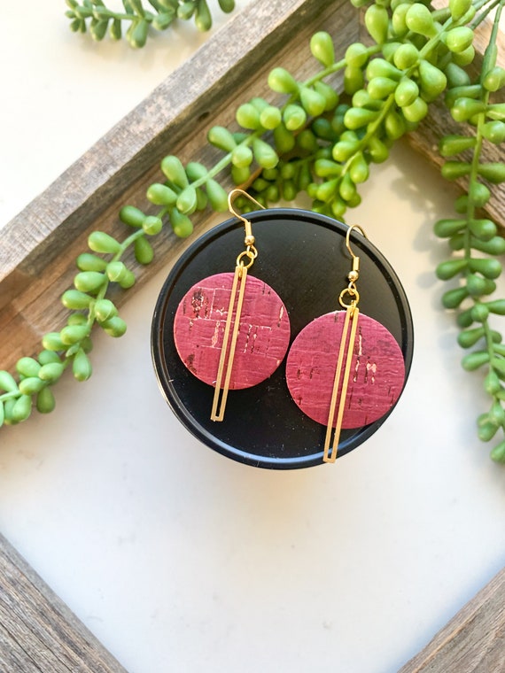 Magenta Genuine Leather With Brass Gold Bar| Circle Earrings