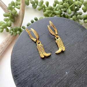 Small Cowboy Gold Boot Charm| Oval Gold Hoop| 18k Gold Plated| Earrings| Cowgirl