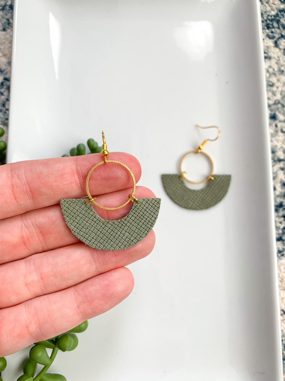 NEW Muted Moss Green Circle Brass Earrings Brass Arch Genuine Leather