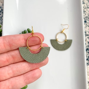 NEW Muted Moss Green + Circle Brass Earrings| Brass Arch| Genuine Leather| Hypoallergenic| Fall Dangle Earrings