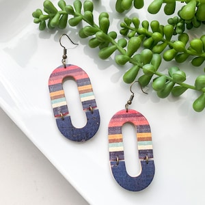 Spring Stripes Two Toned Oval| Cork Earrings| Navy