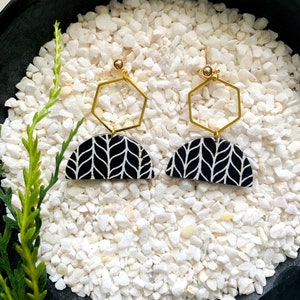 Black & White Braid Genuine Leather| Gold Hexagon| Fall Semi Circle Earrings