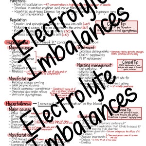 Pode incluir: Um infogr&aacute;fico vermelho e branco intitulado "Desequil&iacute;brios Eletrol&iacute;ticos" com informa&ccedil;&otilde;es sobre os n&iacute;veis de pot&aacute;ssio (K+) no corpo. O infogr&aacute;fico inclui se&ccedil;&otilde;es sobre fun&ccedil;&otilde;es, regula&ccedil;&atilde;o, hipocalemia, hipercalemia, causas principais, manifesta&ccedil;&otilde;es, tratamento e gest&atilde;o de enfermagem.