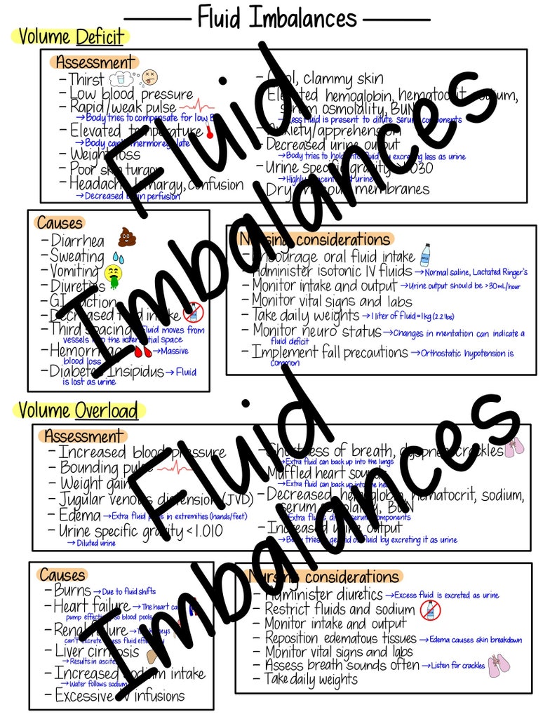 Pode incluir: Um gr&aacute;fico colorido com o t&iacute;tulo "Desequil&iacute;brios de Fluidos" e duas se&ccedil;&otilde;es: "D&eacute;ficit de Volume" e "Sobrecarga de Volume". Cada se&ccedil;&atilde;o inclui uma avalia&ccedil;&atilde;o e as causas do desequil&iacute;brio de fluidos, bem como considera&ccedil;&otilde;es de enfermagem. O gr&aacute;fico &eacute; ilustrado com &iacute;cones e diagramas.