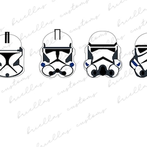 May include: Four black and white Star Wars Stormtrooper helmet silhouettes with blue accents. The helmets are facing forward.