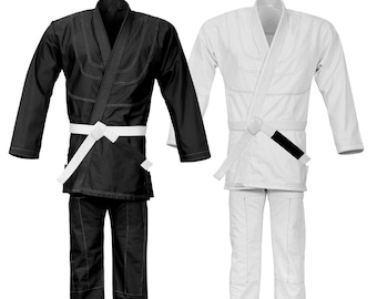 BJJ Gi Kimono, 100% cotton Ultra Light Jiu Jitsu Uniform White Black Canvas set