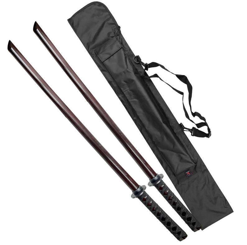 May include: Two wooden practice swords with black wrapped handles and a black nylon carrying case with a shoulder strap.