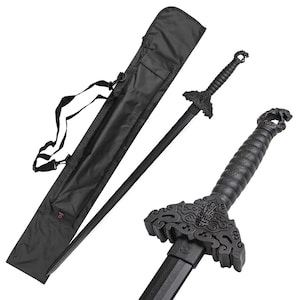May include: A black sword with a decorative handle and a black scabbard with a shoulder strap.