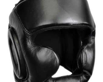 Genuine Leather Boxing Head Gear, MMA, Kickboxing, Muay Thai Training Full-Face Black Head Guard