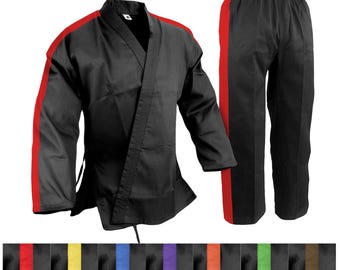 Trimmed Black Uniform Gi with Color Stripe Karate Tang Soo Do, Taekwondo Gi Elastic Waist Martial Arts Set