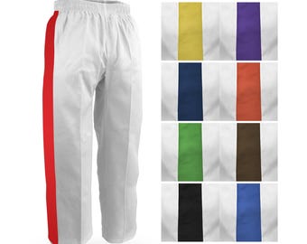 White Pants with color stripe Pants Trimmed Gi Tang Soo Do TSD Karate Gi Elastic Waist Martial Arts Pants