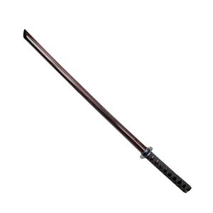 May include: A dark brown wooden practice sword with a black wrapped handle. The sword is a traditional Japanese weapon used for martial arts training.