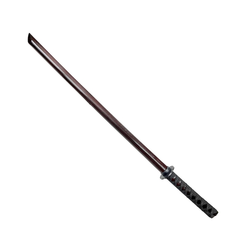 May include: A dark brown wooden practice sword with a black wrapped handle. The sword is a traditional Japanese weapon used for martial arts training.