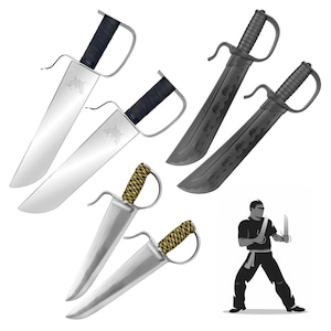 Può includere: Illustrazione di diverse spade a farfalla cinesi, note anche come Baat Jaam Do. Le spade hanno lame ricurve e guardie a forma di D. Alcune hanno manici neri, altre manici avvolti in oro e nero. È presente anche una figura stilizzata.