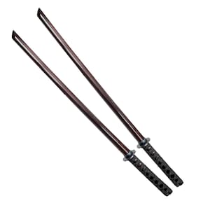 May include: Two wooden practice swords with black wrapped handles. The swords are brown and have a slightly curved blade.