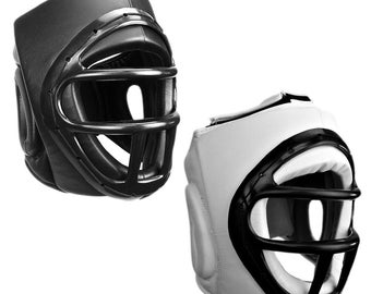 Sparring Training Head Gear with Face Cage for Boxing Kickboxing MMA Black/White
