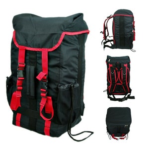 May include: Black backpack with red accents and multiple straps and pockets. The backpack is shown from different angles.