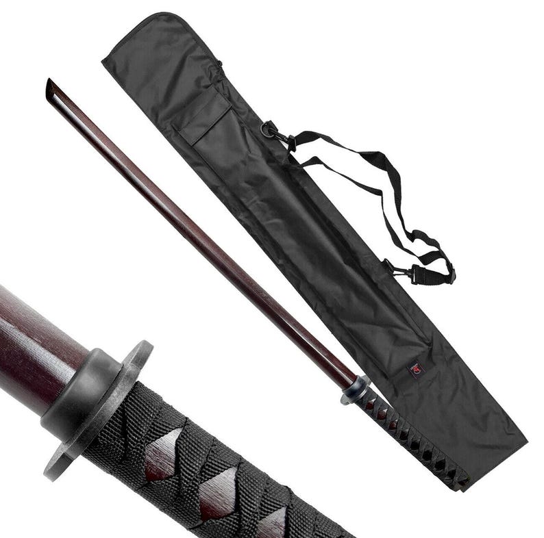 May include: A wooden practice sword with a black nylon carrying case. The sword has a black and brown handle with a black braided wrap. The case has a shoulder strap.