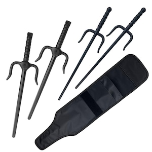 May include: Black sai weapons with a carrying case. The sai have a three-pronged design with a handle and a pointed tip. The carrying case is black and has a velcro closure. The sai are made of a durable material.