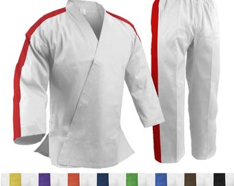 Trimmed White Uniform Gi with Color Stripe Karate Tang Soo Do, Taekwondo Gi Elastic Waist Martial Arts Set