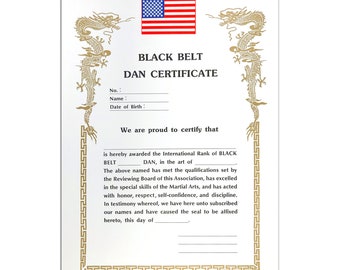 Martial Arts Black Belt Dan Certificate, Karate Judo Jiu Jitsu Taekwondo certificate, US Flag