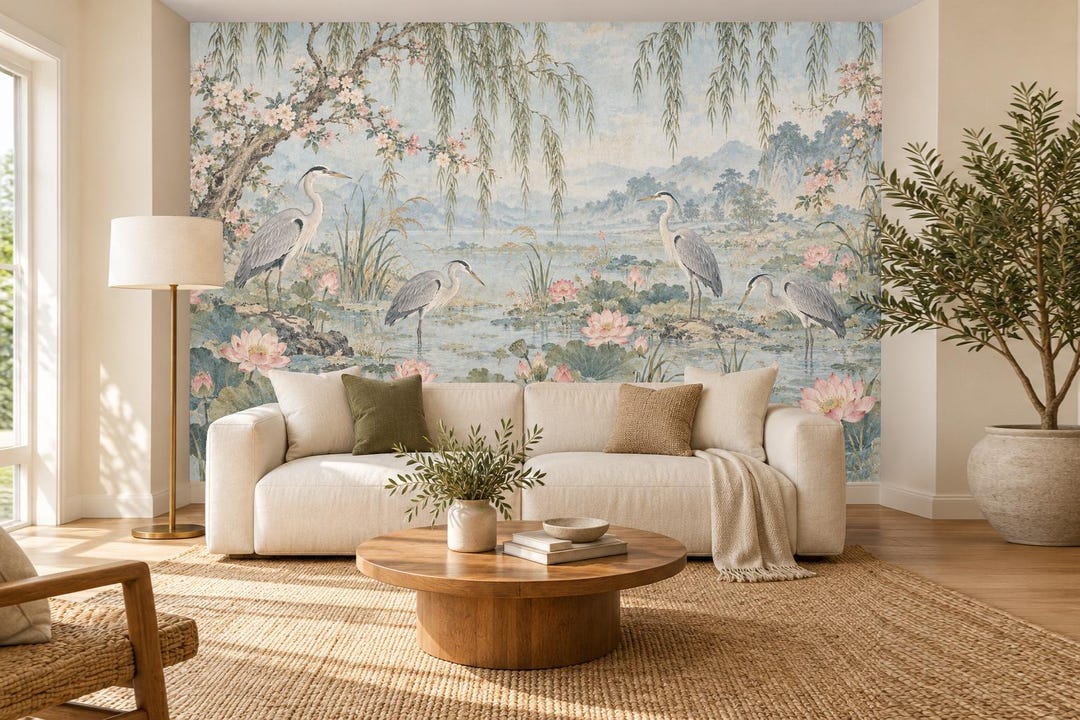 Powder Blue Chinoiserie Mural, Herons, Lotus, Watercolor Wallpaper ...