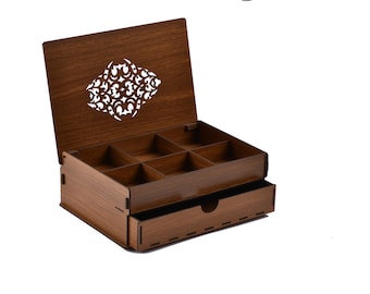 Organizador de joyas, Organizador de maquillaje, Organizador de cajas de té, Caja de costura Caja organizadora de madera grabada personalizada, 6 compartimentos 1 cajón