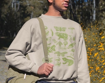 Cottagecore Sweatshirt: Frog, Mushroom, and Moth Botanical Design