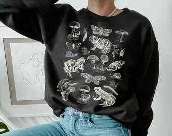 Goblincore Sweatshirt: Botanical Frog, Mushroom, Moth Design