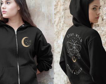 Stay Wild Moon Child Zip Up Hoodie Back Print Sweatshirt Butterfly Moon Shirt Luna Gold Celestial Moth Boho Shirt Alt Aesthetic Clothing