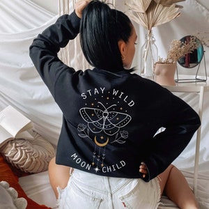 Stay Wild Moon Child Back Print Crewneck Sweatshirt Butterfly Moon Shirts Luna Gold Celestial Aesthetic Clothes Moth Boho Shirt Alt Clothing