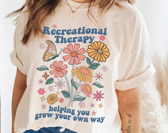 Recreational Therapy T-Shirt, Retro 70s Flowers Butterfly Design