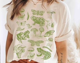 Cottagecore T-Shirt: Frog, Mushroom & Botanical Print, Unisex Fit