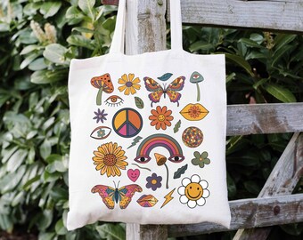 Retro 70s Tote Bag Flower Butterly Mushroom Peace Sign Sunflower Rainbow Indie Psychedelic Hippie Aesthetic Groovy Eco Trendy Summer Bag