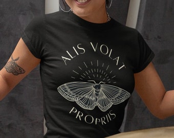 She Flies With Her Own Wings Tshirt Alis Volat Propriis Latin Crewneck Dark Academia Clothing Mystical Shirt Feminist Indie Butterfly Moth