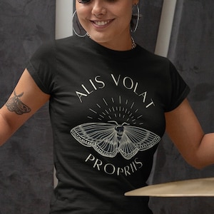 She Flies With Her Own Wings Tshirt Alis Volat Propriis Latin Crewneck Dark Academia Clothing Mystical Shirt Feminist Indie Butterfly Moth