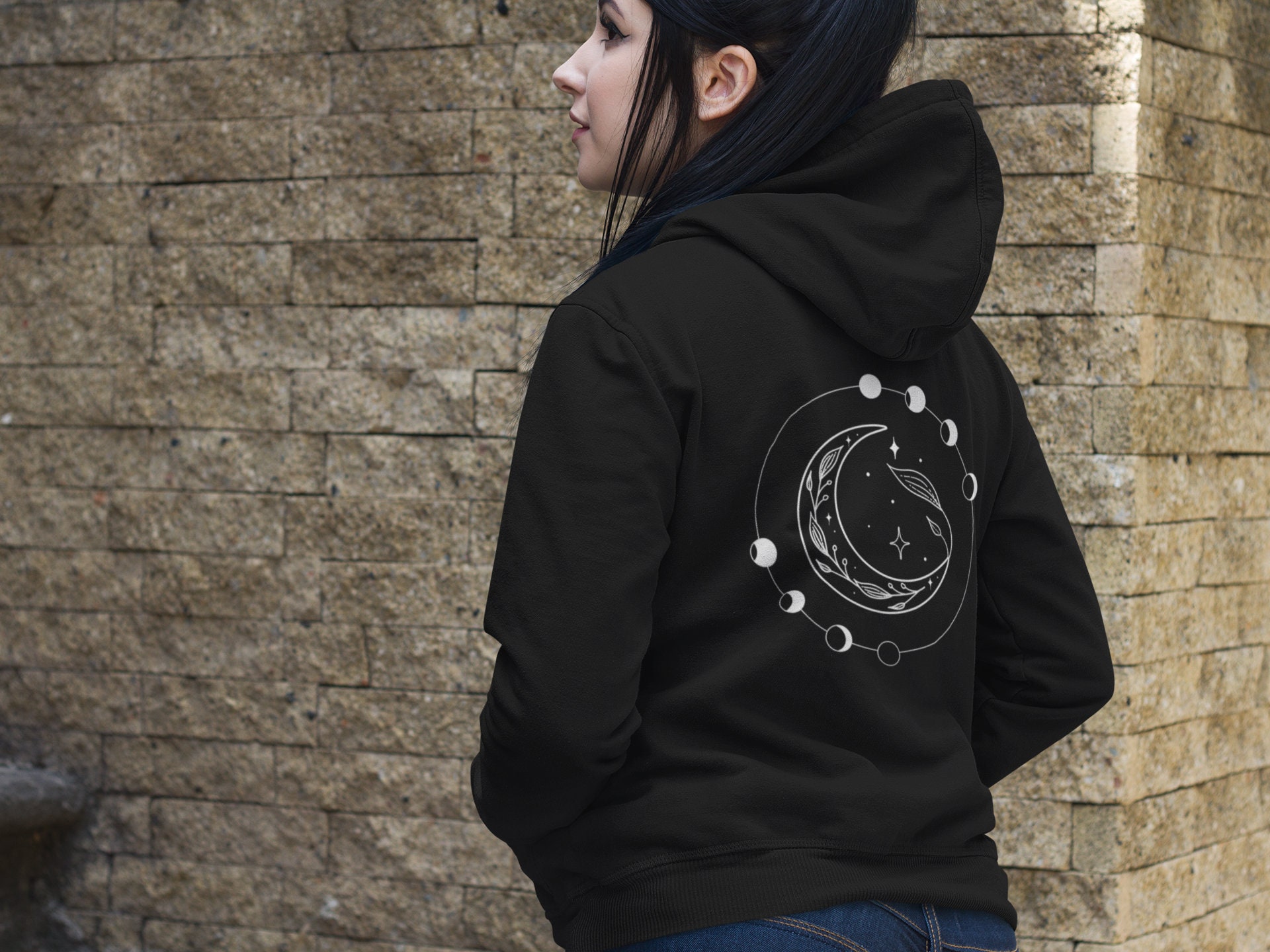 Moon Phases Zip up Back Print Hoodie Alt Clothing Celestial