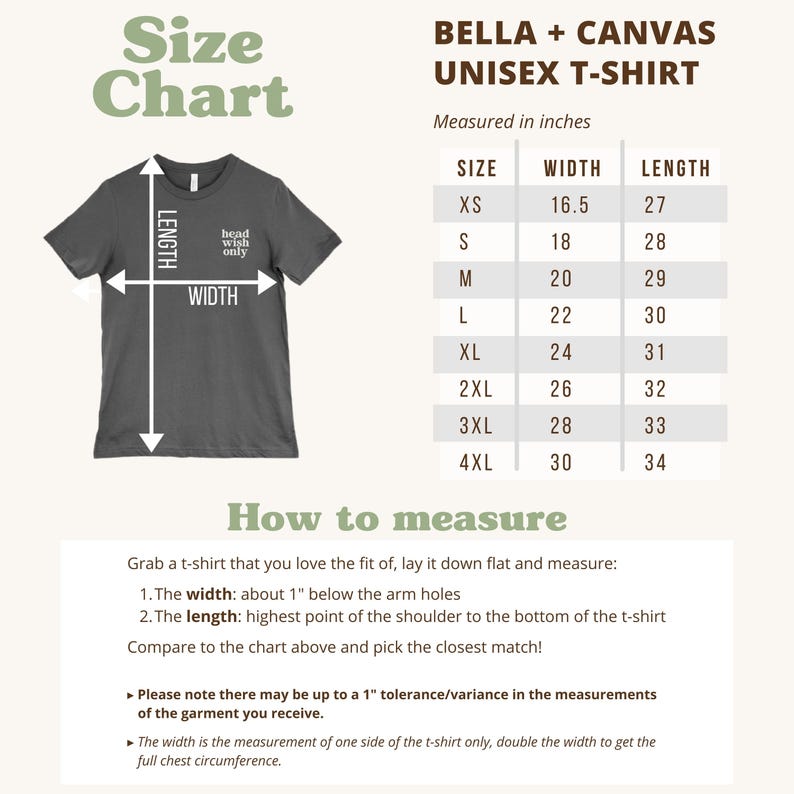 May include: A dark gray Bella + Canvas unisex t-shirt size chart with instructions on how to measure. The chart lists sizes XS through 4XL with corresponding width and length measurements in inches. Text includes 'Size Chart', 'How to measure', and instructions.