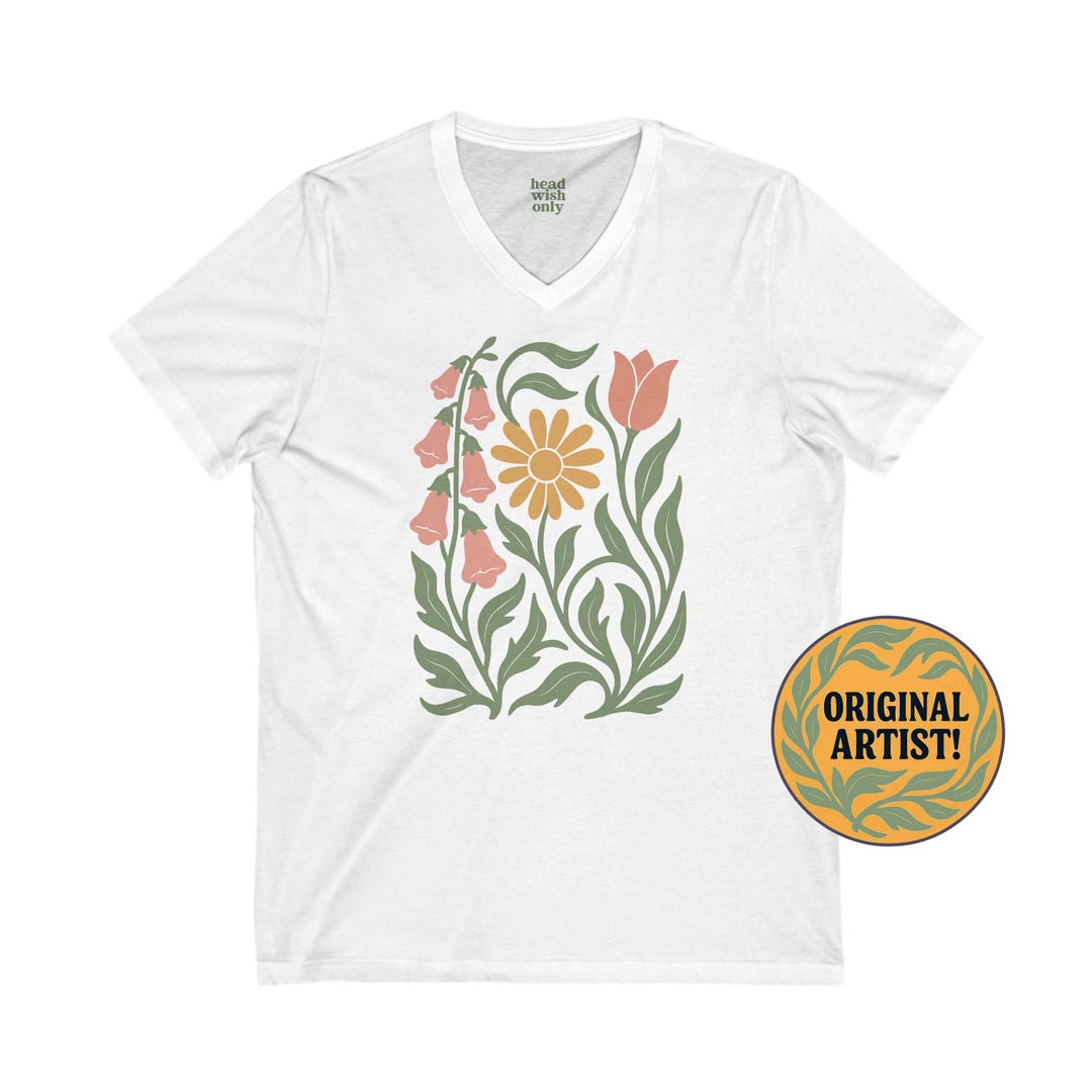 NO WORDS Foxglove Daisy Tulip V-neck Shirt, Subtle Anti Trump