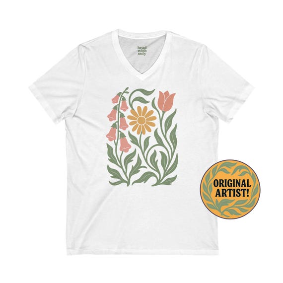 Floral V-neck Shirt, Foxglove Daisy Tulip Print, Feminist Democrat