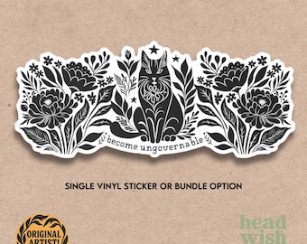 Sticker Become Ungovernable: Subtle Anti Trump Cat Linocut Sticker, FDT Sticker, Waterproof and Weatherproof, Single or Bundle Options