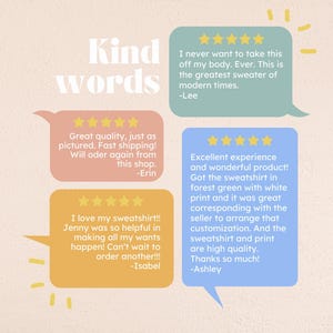 May include: A graphic with the words "Kind words" in white. Four speech bubbles contain customer reviews with five-star ratings. The reviews mention quality, fast shipping, and helpful service.