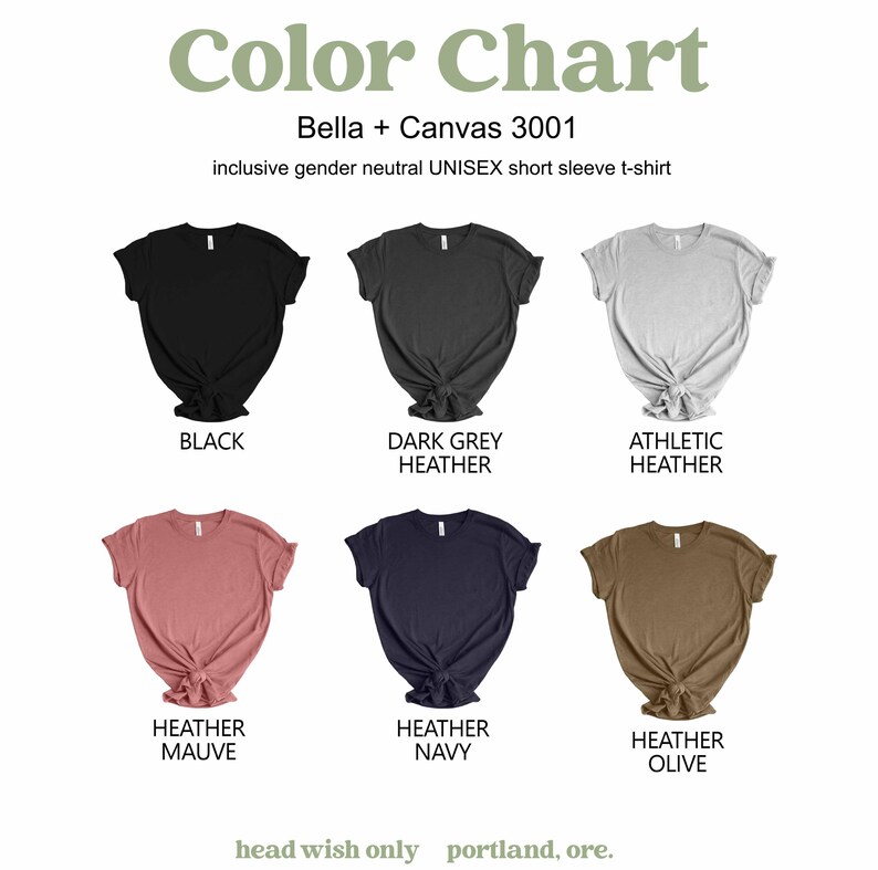 May include: A color chart for Bella + Canvas 3001 short sleeve t-shirts featuring six colors: black, dark grey heather, athletic heather, heather mauve, heather navy, and heather olive. The text includes Color Chart, Bella + Canvas 3001, and head wish only portland, ore.