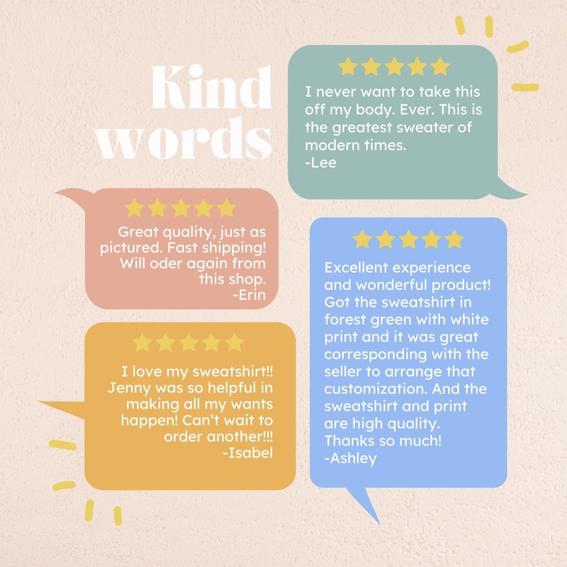 May include: A graphic with the words "Kind words" in white text. Four speech bubbles contain customer reviews with five-star ratings. The reviews mention quality, fast shipping, and helpful customer service.