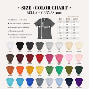 May include: A size and color chart for Bella + Canvas 3001 t-shirts. The chart displays a gray t-shirt with measurements in inches, and a wide array of colors including white, black, red, and blue. The chart also lists fabric details.