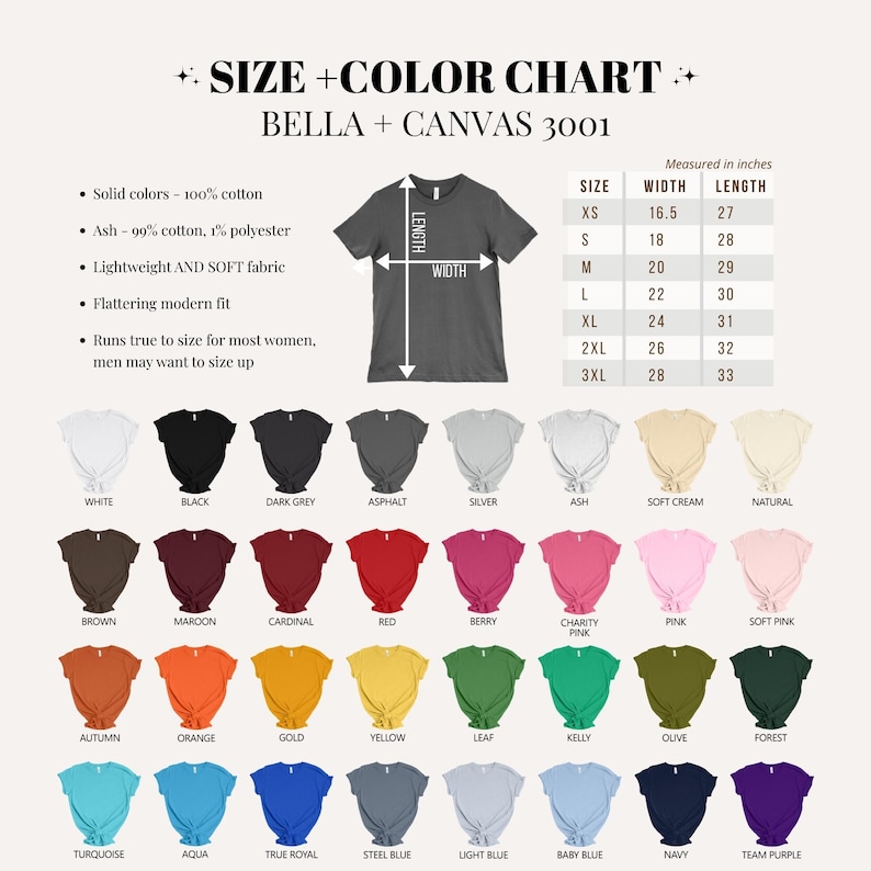 May include: A size and color chart for Bella + Canvas 3001 t-shirts. The chart displays a gray t-shirt with measurements in inches, and a wide array of colors including white, black, red, and blue. The chart also lists fabric details.