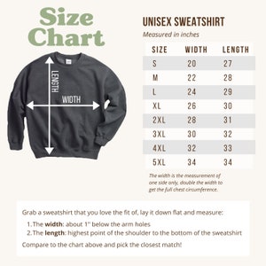 May include: Unisex sweatshirt size chart with measurements in inches for sizes S through 5XL. The chart shows the width and length of each size.