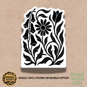 May include: A black and white floral sticker featuring a daisy, bell-shaped flowers, and tulip-like blooms. The sticker has the text "SINGLE VINYL STICKER OR BUNDLE OPTION" and "ORIGINAL ARTIST!" in a circular design.