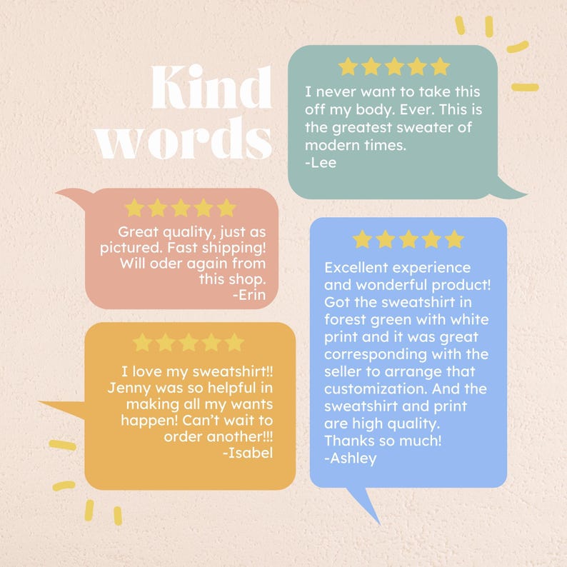 May include: A graphic display titled Kind words featuring four speech bubbles in sage green, peach, yellow, and periwinkle blue. Each bubble contains five yellow stars and customer reviews praising a sweater and sweatshirt with names Lee, Erin, Isabel, and Ashley.
