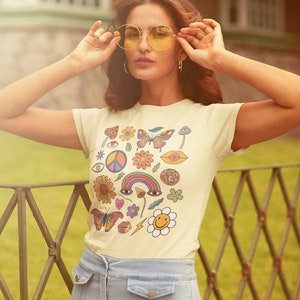 Retro 70s Graphic T-Shirt: Butterfly, Flower, Mushroom Collage